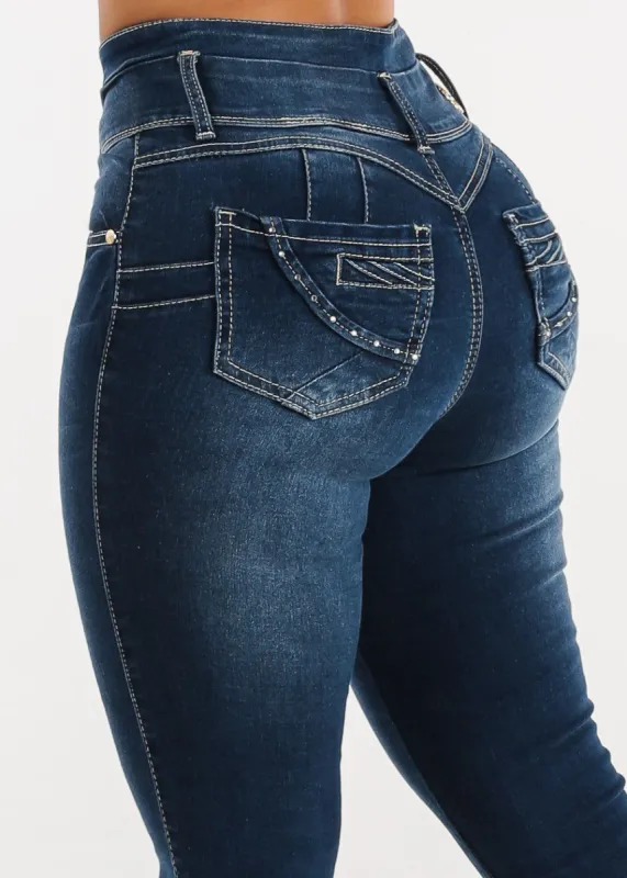 Super High Waist Levantacola Skinny Jeans Med Blue sold by Moda
