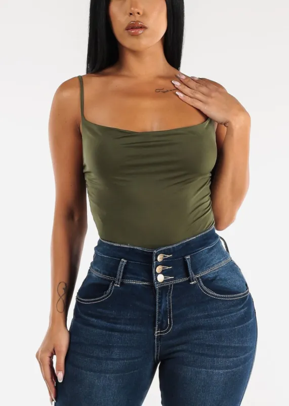 Spaghetti Strap Cowl Neckline Thong Bodysuit Olive sold by Moda
