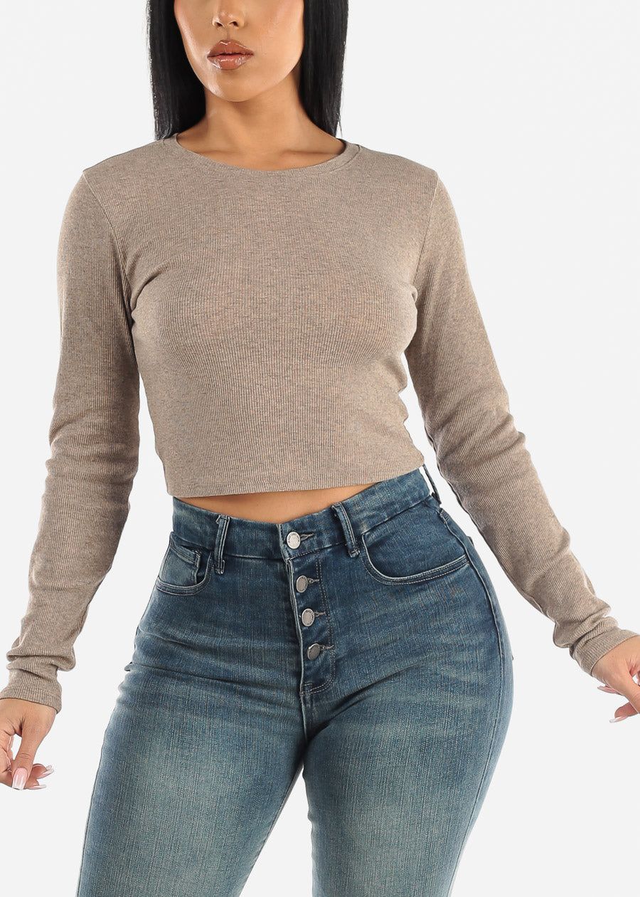 Crewneck Long Sleeve Crop Top Mocha sold by Moda