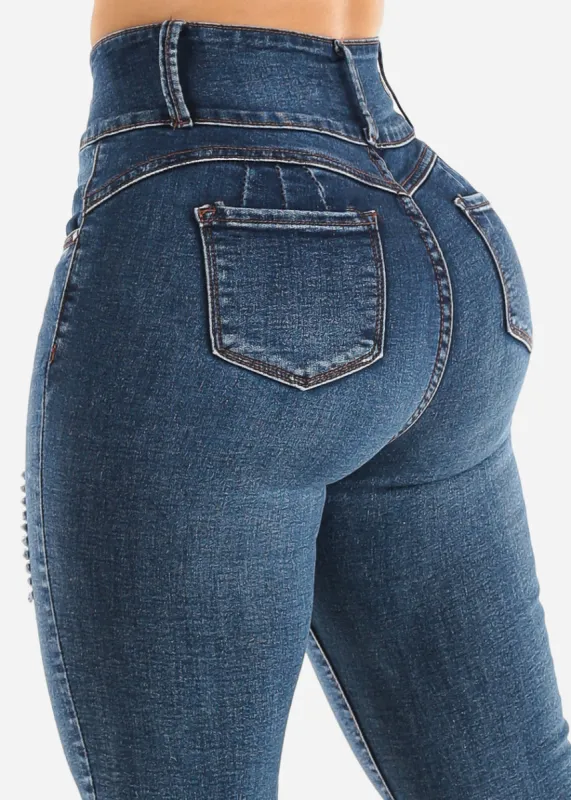 Super High Waist Butt Lift Ripped Skinny Jeans Dark Wash sold by Moda