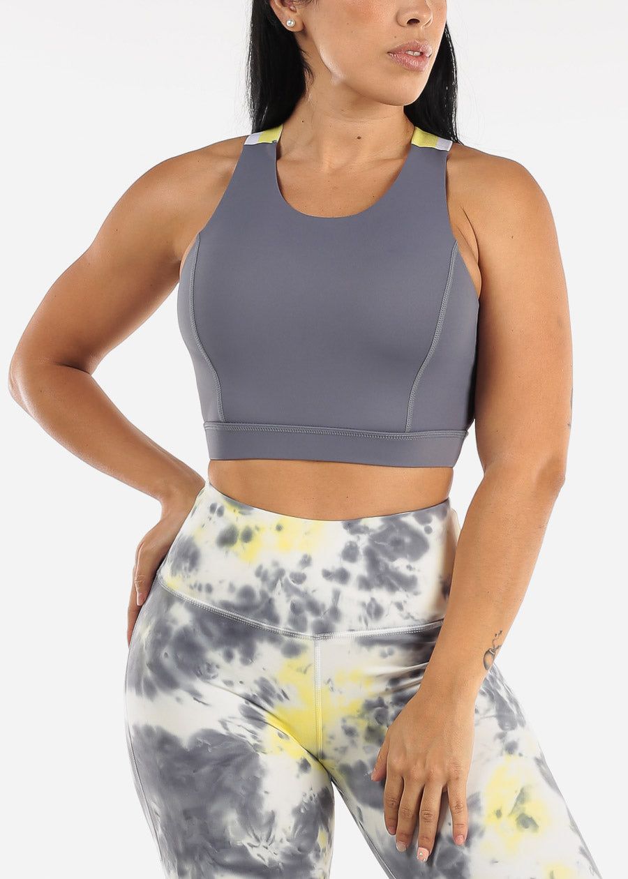 MONO B Activewear Grey Sports Bra w Colorblock Straps sold by Moda
