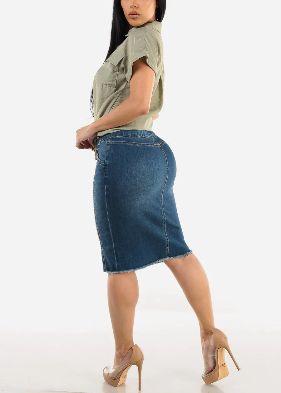 Button Up Denim Fringe Hem Pencil Skirt Med Wash sold by Moda product image thumbnail 5