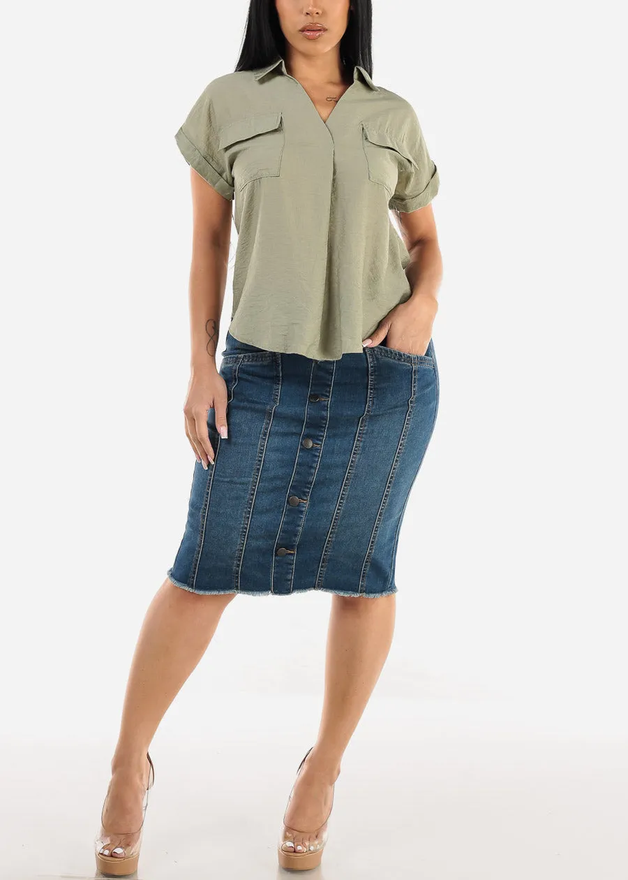 Button Up Denim Fringe Hem Pencil Skirt Med Wash sold by Moda product image thumbnail 2