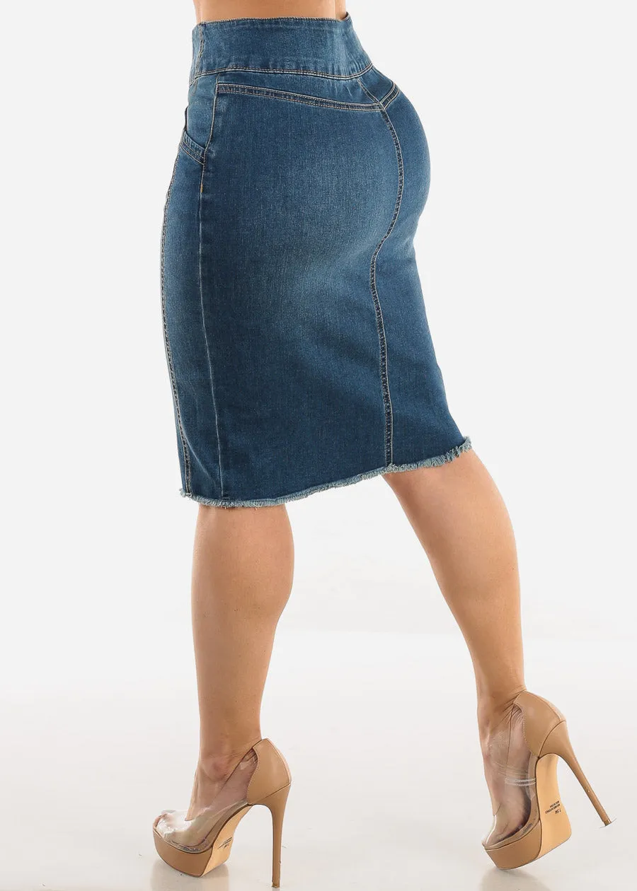 Button Up Denim Fringe Hem Pencil Skirt Med Wash sold by Moda product image thumbnail 4