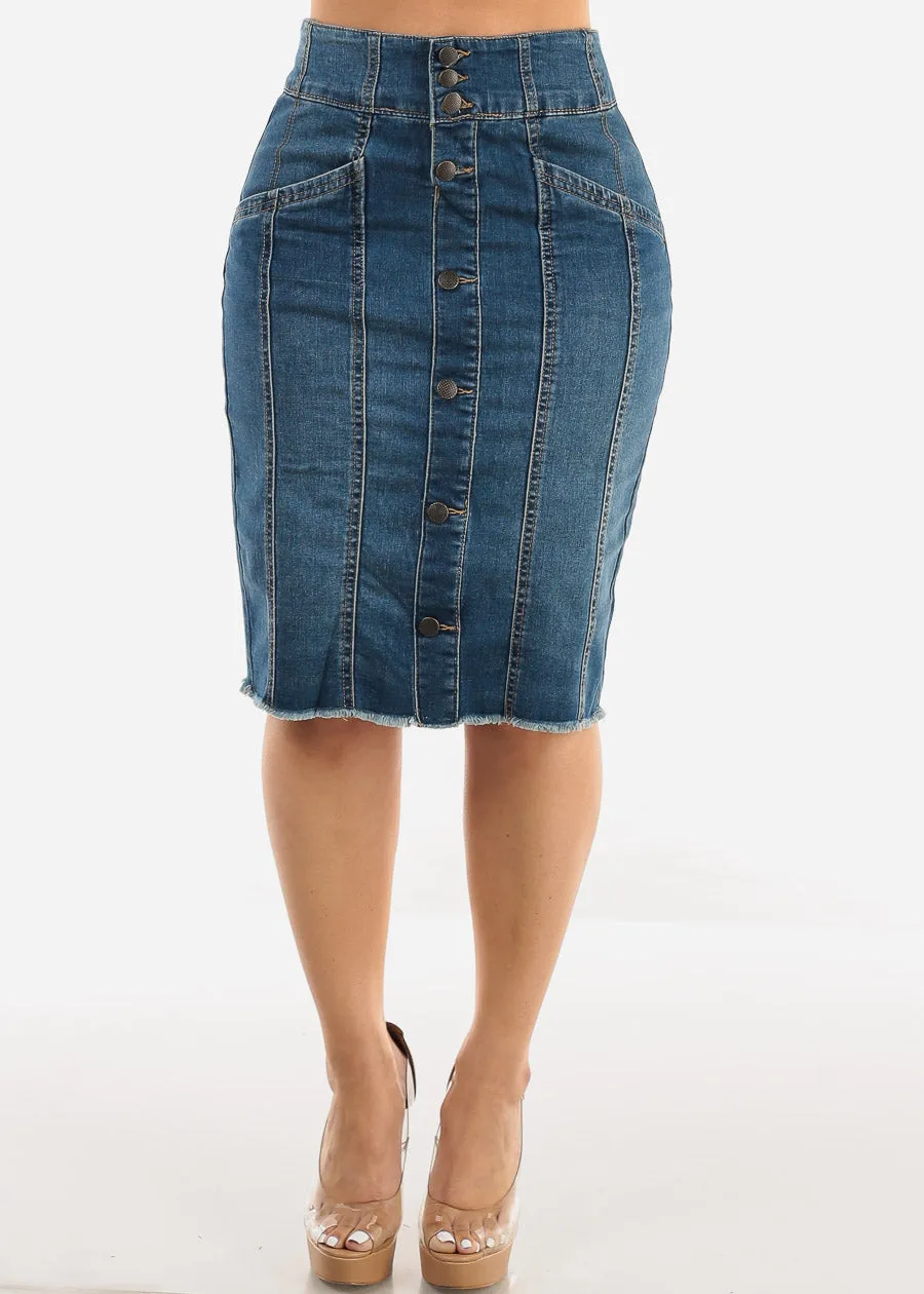 Button Up Denim Fringe Hem Pencil Skirt Med Wash sold by Moda