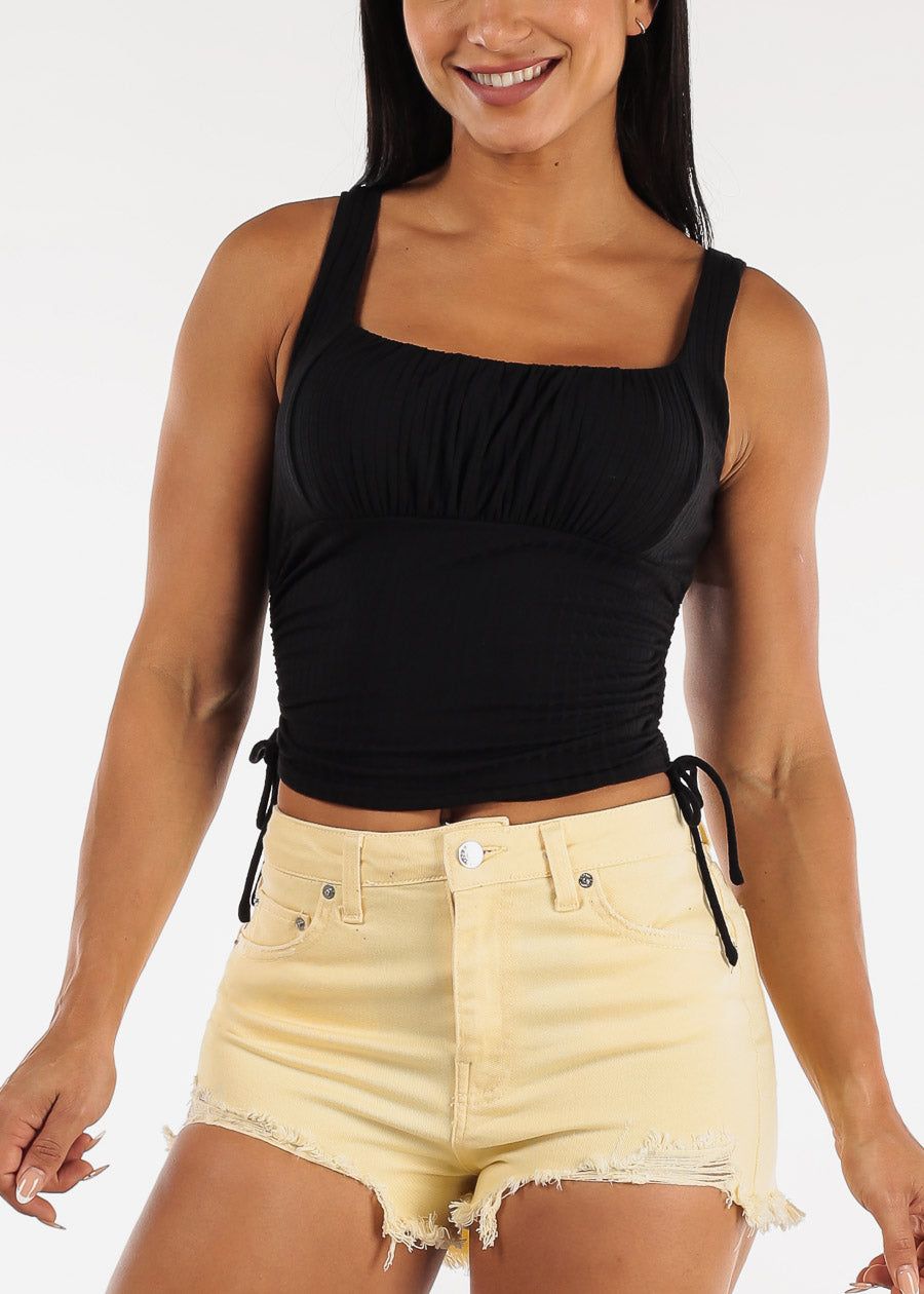 Black Sleeveless Ribbed Crop Top w Ruched Drawstring Sides sold by Moda