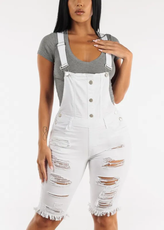 White Distressed Bermuda Denim Overalls sold by Moda