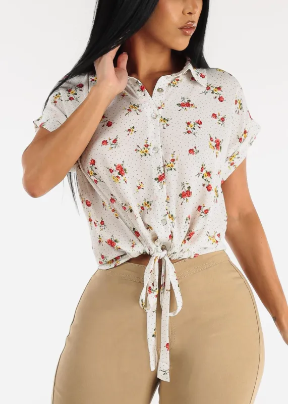 White Button Up Drawstring Hem Short Sleeve Floral Blouse sold by Moda