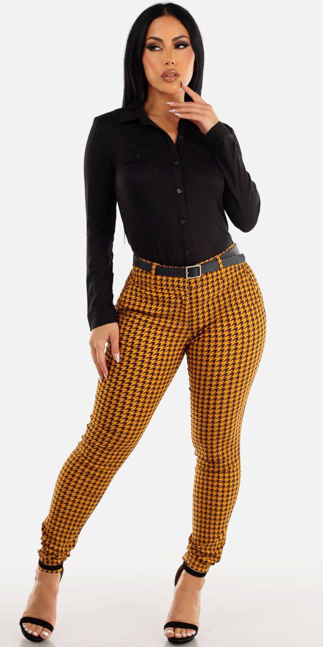Mid Rise Yellow Printed Skinny Pants with Black Button Up Fitted Collared Top sold by Moda
