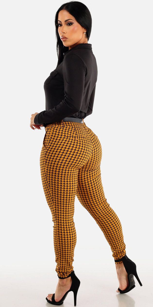 Mid Rise Yellow Printed Skinny Pants with Black Button Up Fitted Collared Top sold by Moda product image thumbnail 2