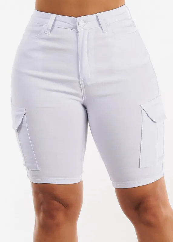 White High Waist Hyper Stretch Cargo Bermuda Shorts sold by Moda