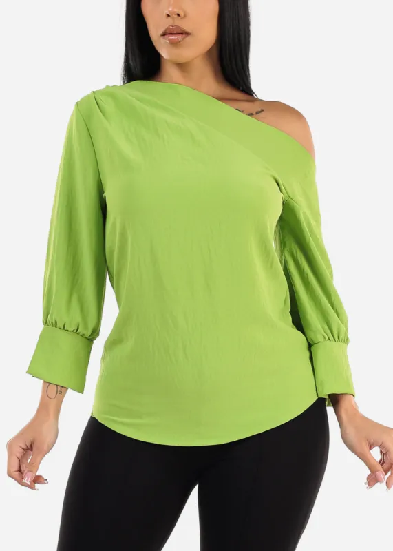 Asymmetrical One Shoulder Blouse Lime sold by Moda
