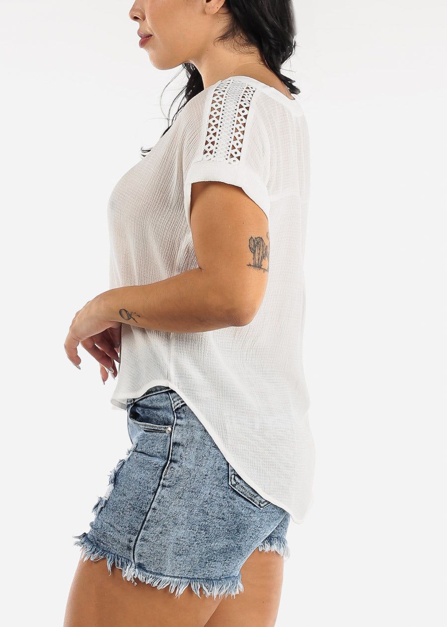 White Short Sleeve Woven Top w Crochet Detail sold by Moda product image thumbnail 3