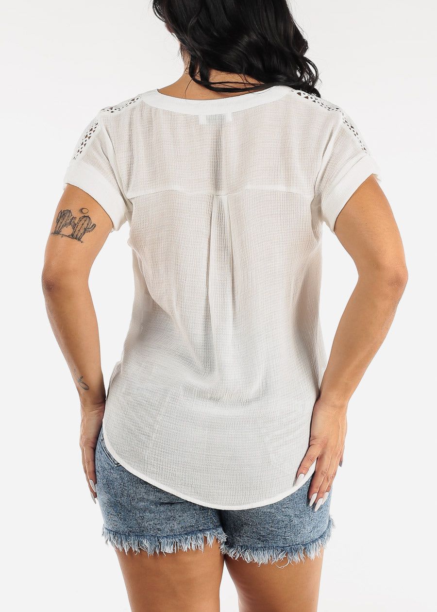 White Short Sleeve Woven Top w Crochet Detail sold by Moda product image thumbnail 4