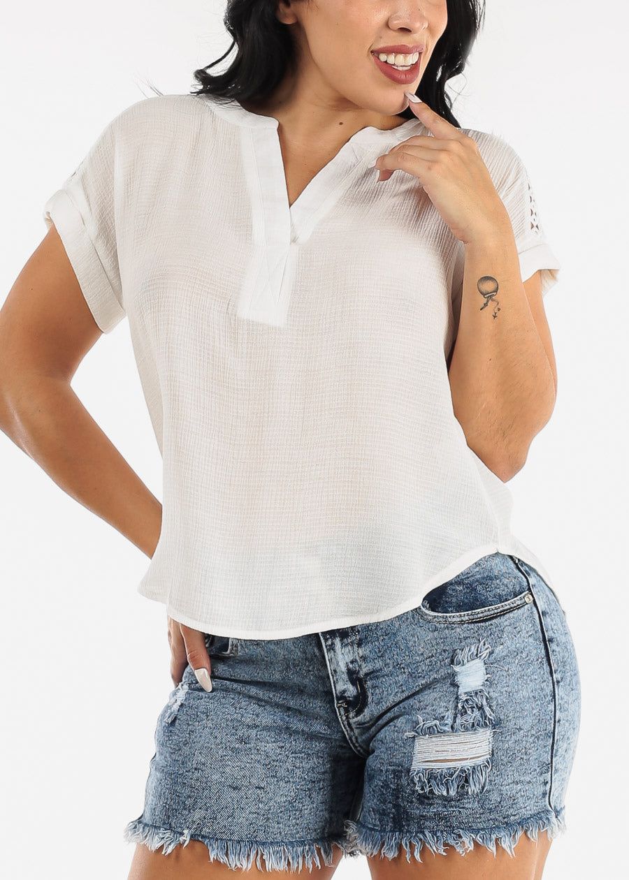White Short Sleeve Woven Top w Crochet Detail sold by Moda