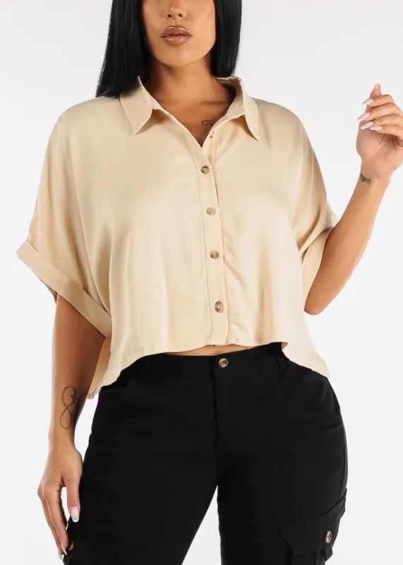 Cropped Short Sleeve Button Down Shirt Beige sold by Moda
