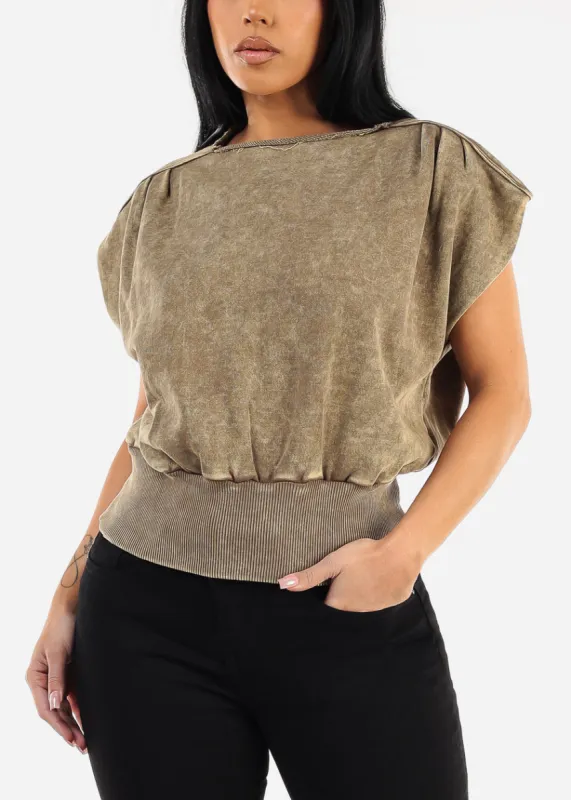 Boat Neckline Mineral Wash Top Mocha sold by Moda