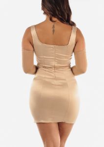 Sexy Satin Mini Dress Taupe w Gloves sold by Moda