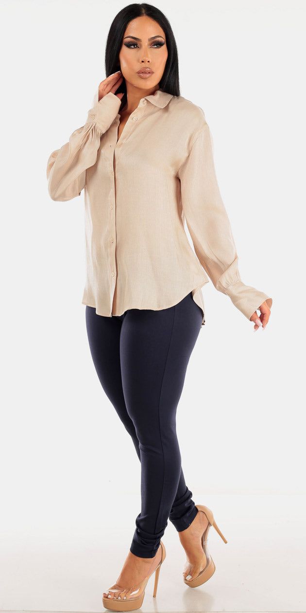 Navy Mid Rise Skinny Pants with Beige Long Sleeve Button Up Satin Shirt sold by Moda