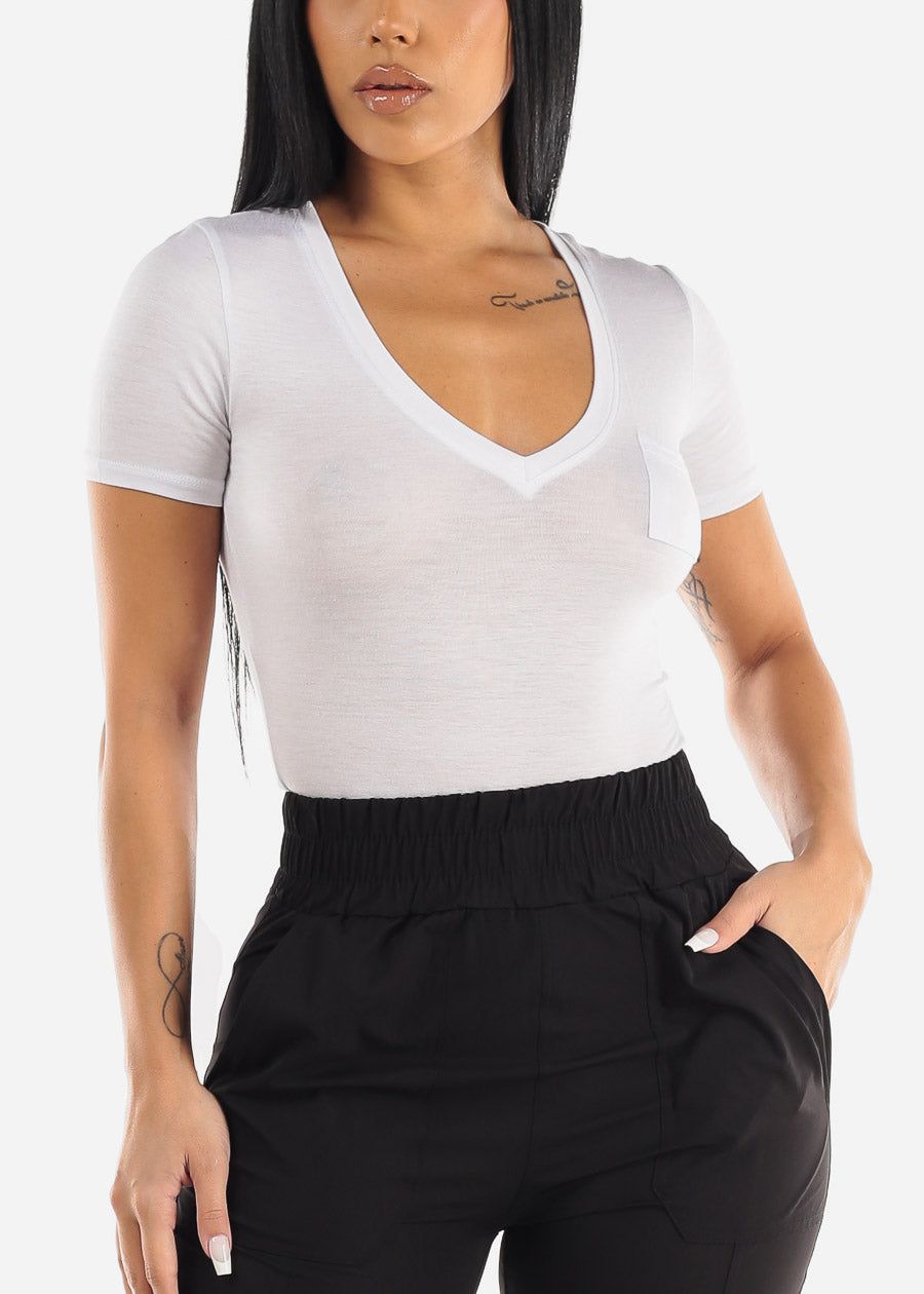 Short Sleeve Vneck White Thong Bodysuit sold by Moda