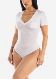 Short Sleeve Vneck White Thong Bodysuit sold by Moda