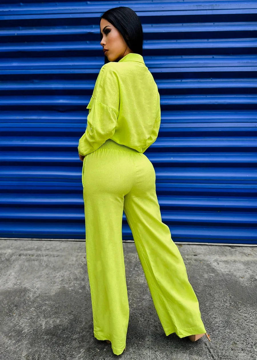 Linen High Rise Spandex Waist Wide Leg Lime Pants sold by Moda product image thumbnail 3