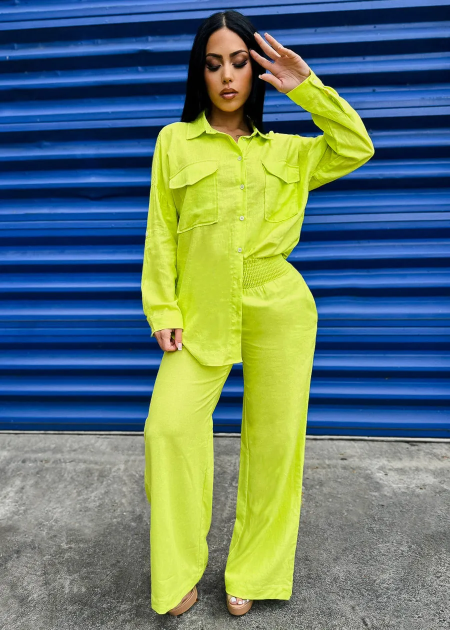 Linen High Rise Spandex Waist Wide Leg Lime Pants sold by Moda product image thumbnail 2