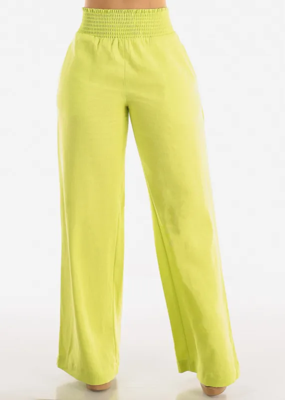 Linen High Rise Spandex Waist Wide Leg Lime Pants sold by Moda