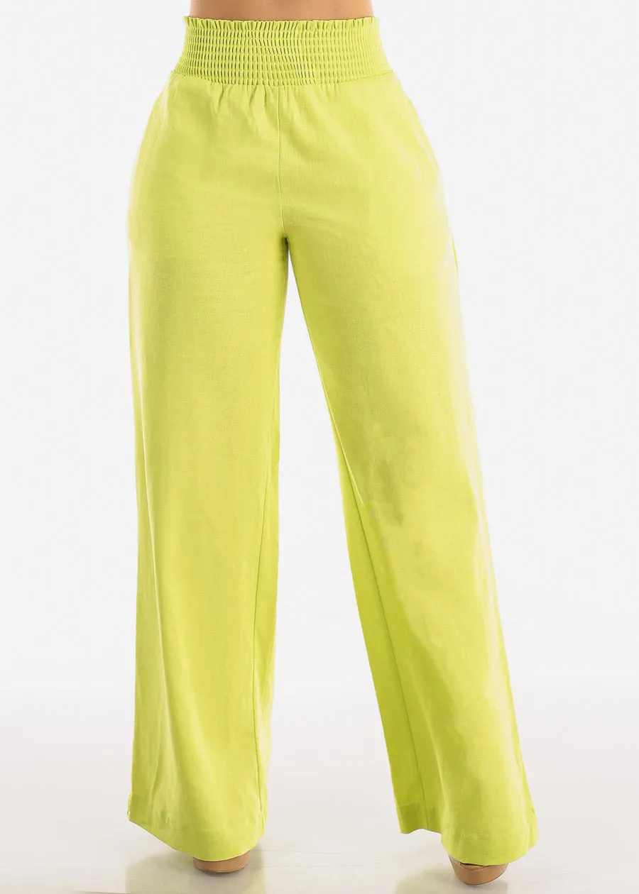 Linen High Rise Spandex Waist Wide Leg Lime Pants sold by Moda
