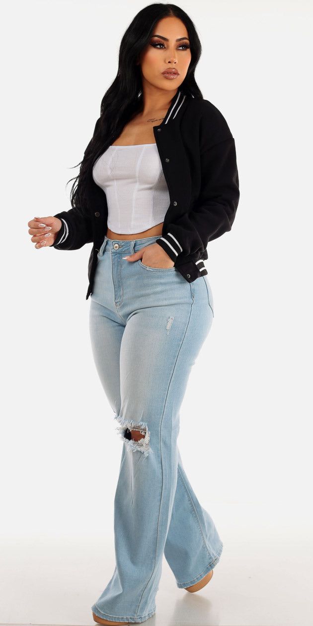 Ripped Wide Leg Straight Jeans White Long Sleeve Crop Top and Black Varsity Bomber Jacket sold by Moda