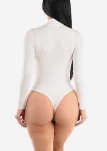 White Mock Neck Long Sleeve Thong Bodysuit sold by Moda