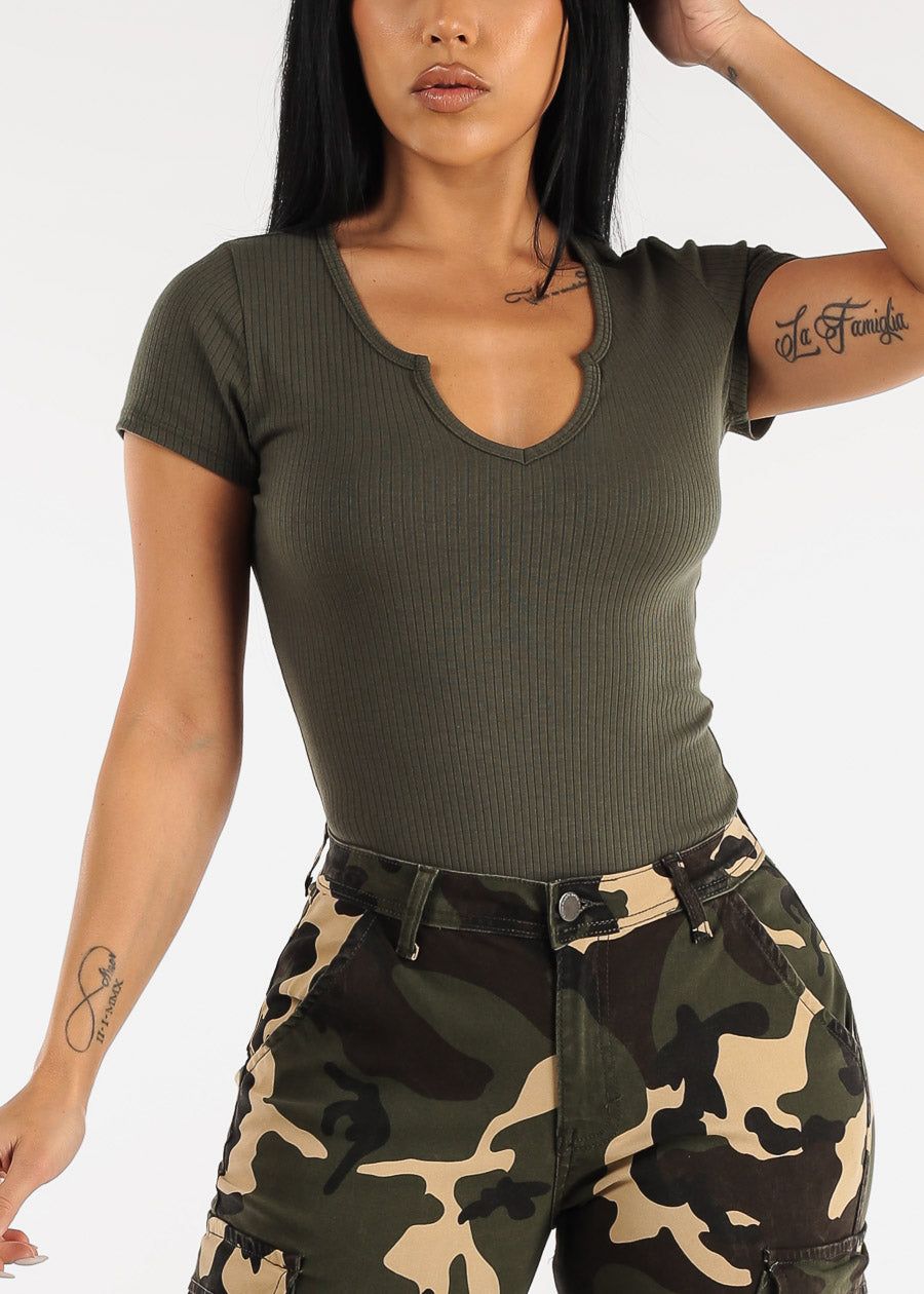 Short Sleeve Notched Ribbed Top Olive sold by Moda