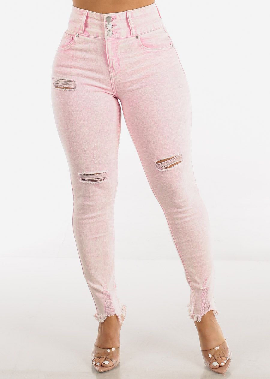 Butt Lifting Acid Wash Distressed Skinny Jeans Pink sold by Moda product image thumbnail 4