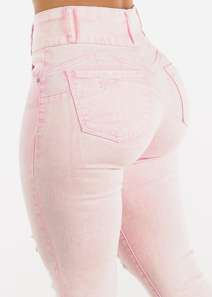 Butt Lifting Acid Wash Distressed Skinny Jeans Pink sold by Moda product image thumbnail 2