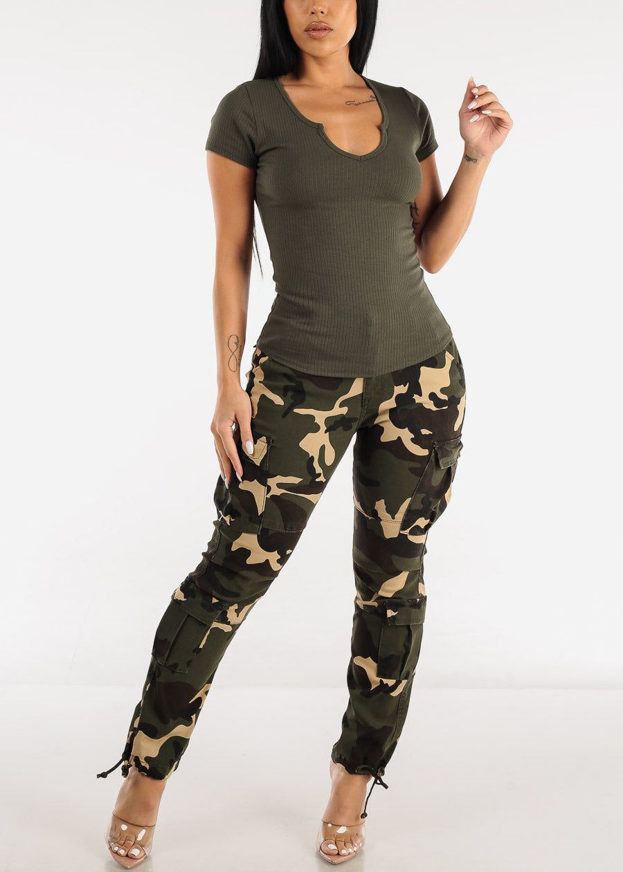 Short Sleeve Notched Ribbed Top Olive sold by Moda product image thumbnail 2