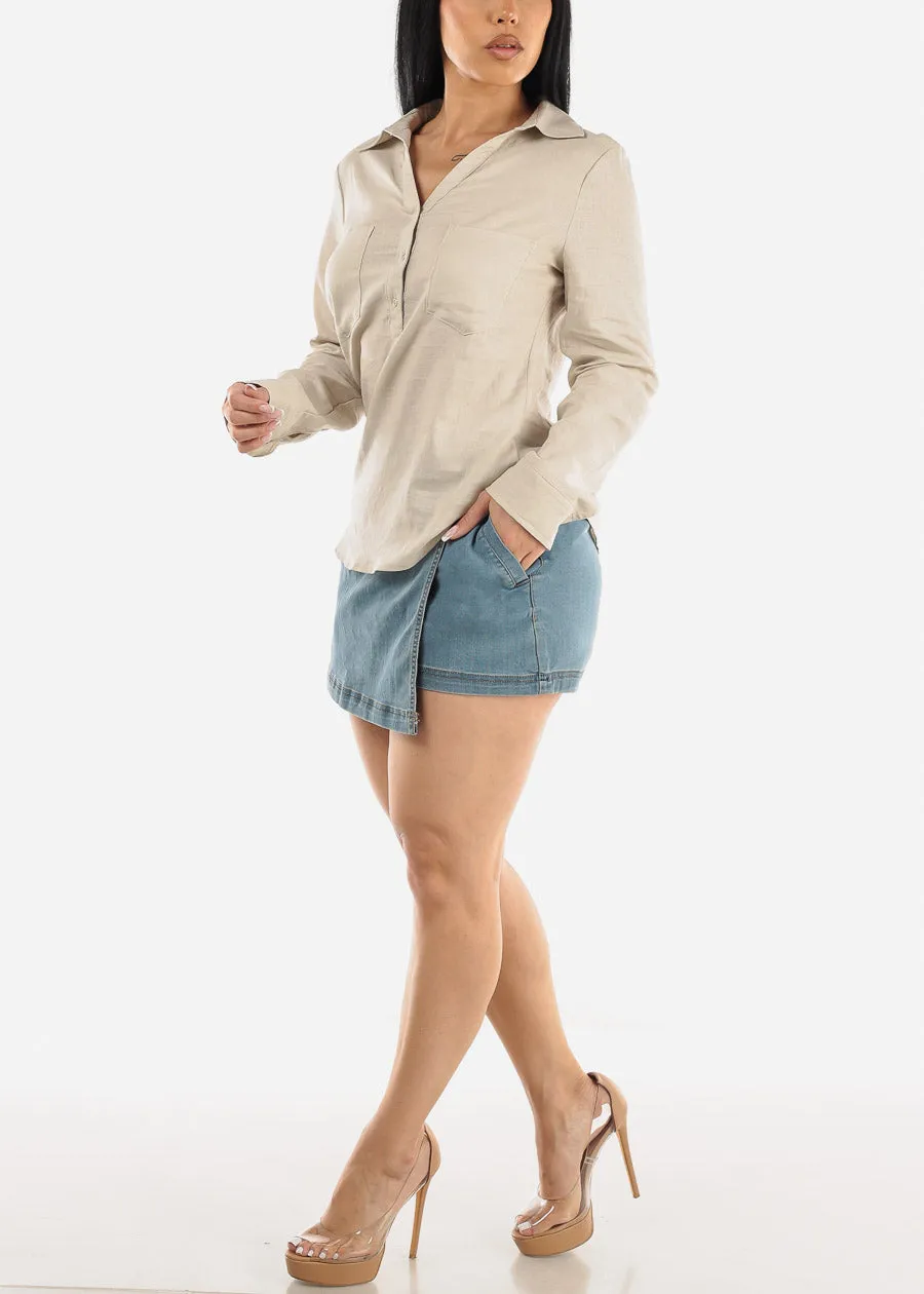 Beige Linen Long Sleeve Half Button Up Shirt sold by Moda product image thumbnail 2