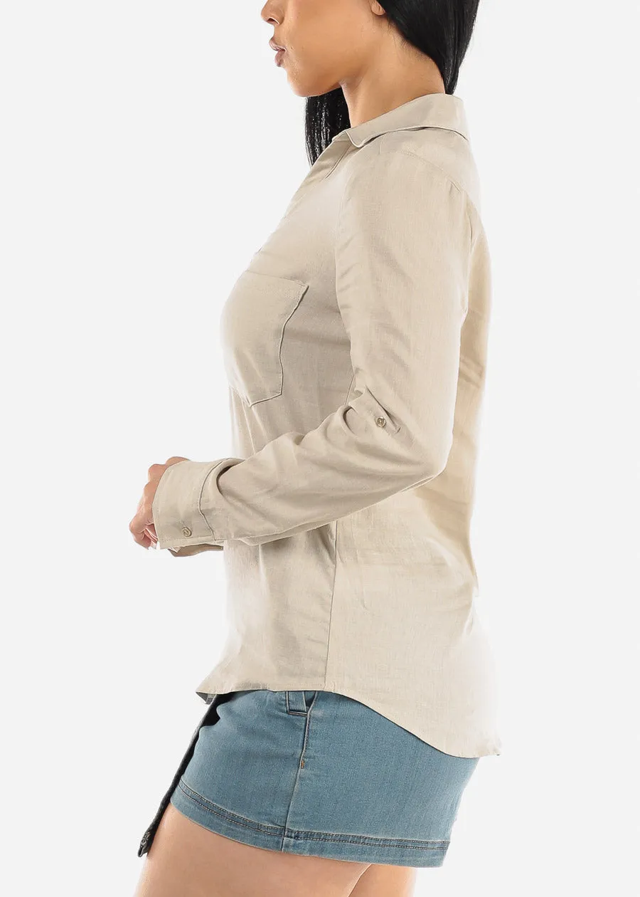 Beige Linen Long Sleeve Half Button Up Shirt sold by Moda product image thumbnail 3