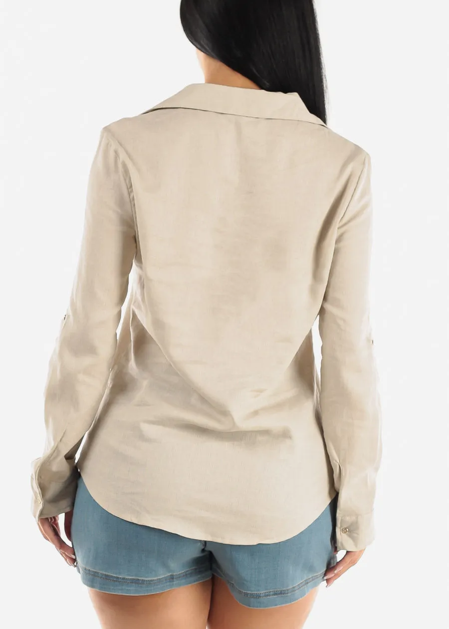 Beige Linen Long Sleeve Half Button Up Shirt sold by Moda product image thumbnail 4