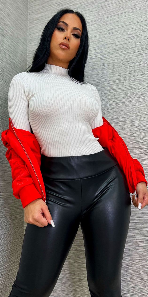 Ruched Butt Black Pleather Leggings White Mock Neck Sweater and Red Zip Up Bomber Jacket sold by Moda product image thumbnail 3