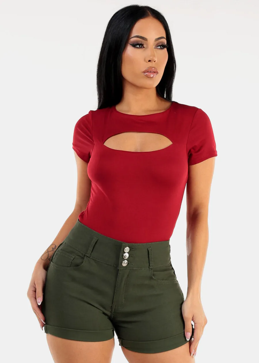 Short Sleeve Cut Out Double Layered Crop Top Red sold by Moda
