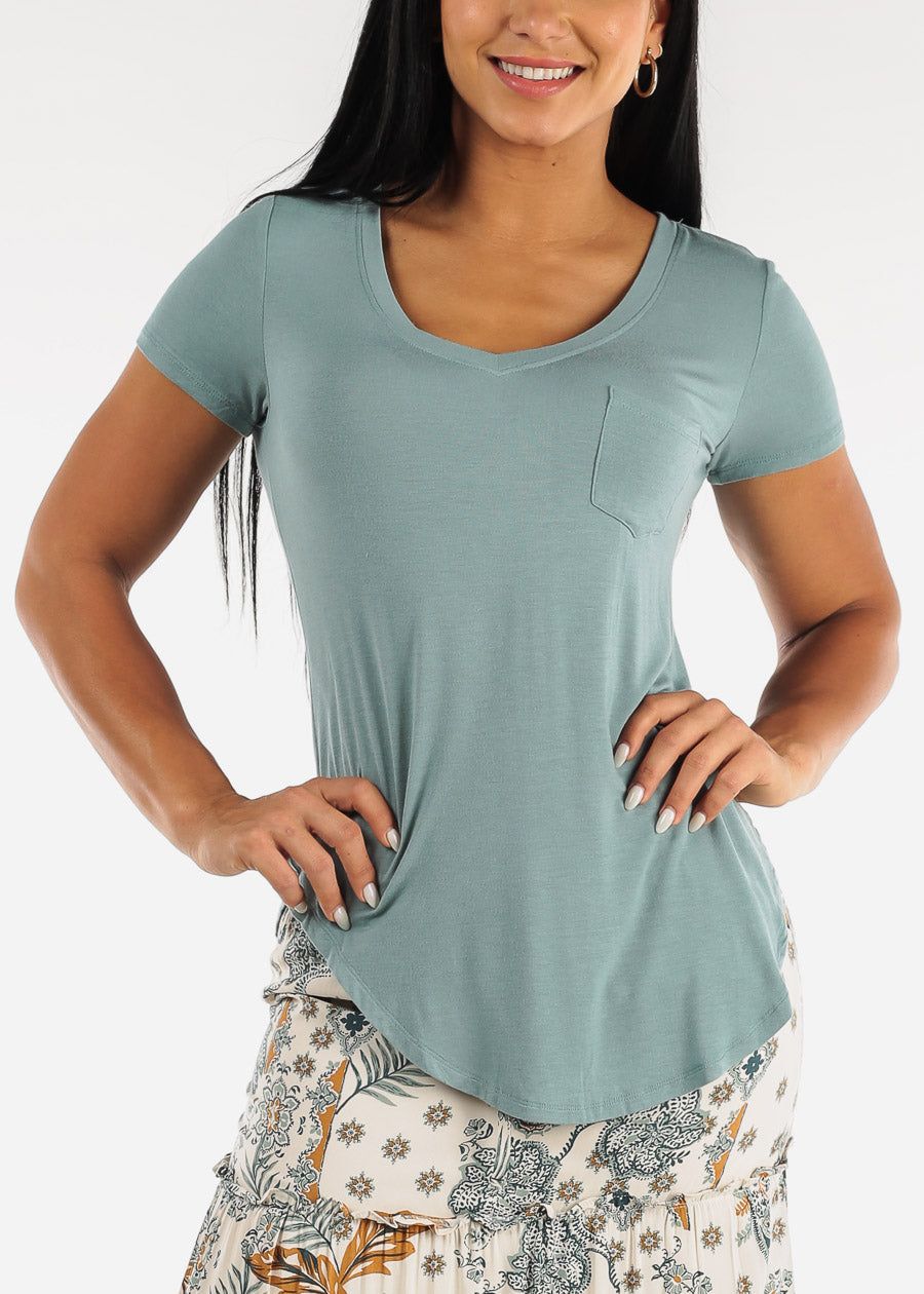 Short Sleeve Round Hem Relax Fit Tunic Top Sage sold by Moda
