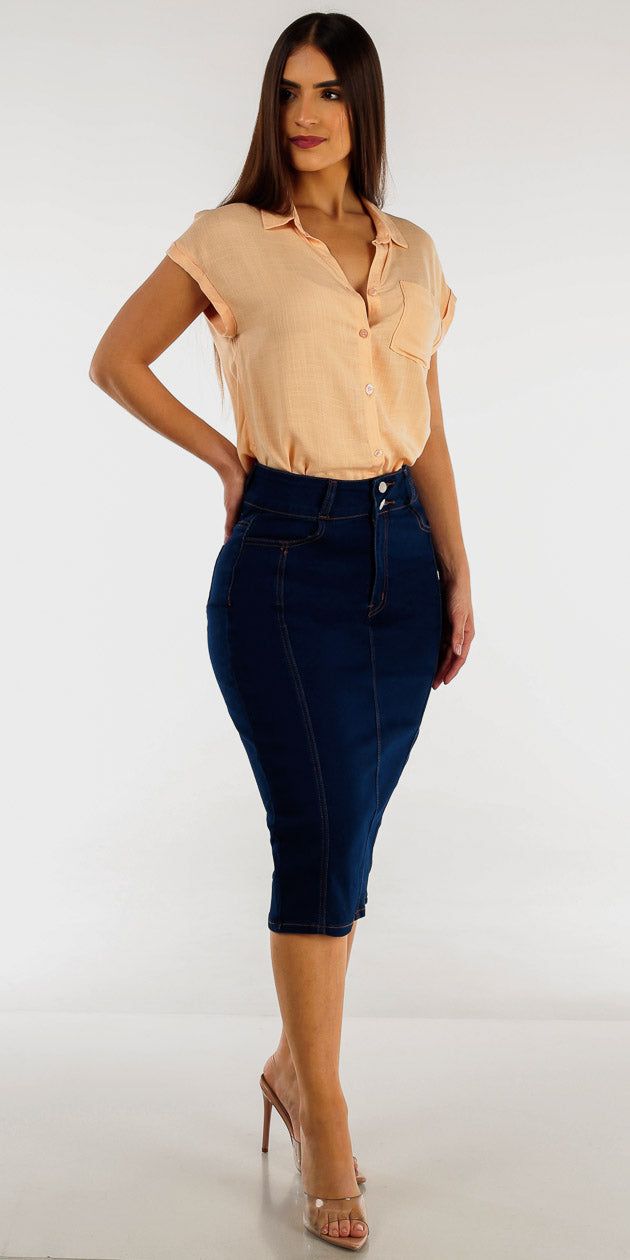 Dark Blue High Rise Denim Midi Pencil Skirt with Button Down Cap Sleeve Woven Shirt sold by Moda