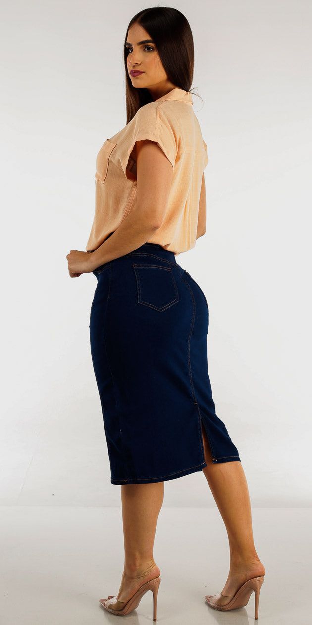 Dark Blue High Rise Denim Midi Pencil Skirt with Button Down Cap Sleeve Woven Shirt sold by Moda product image thumbnail 2