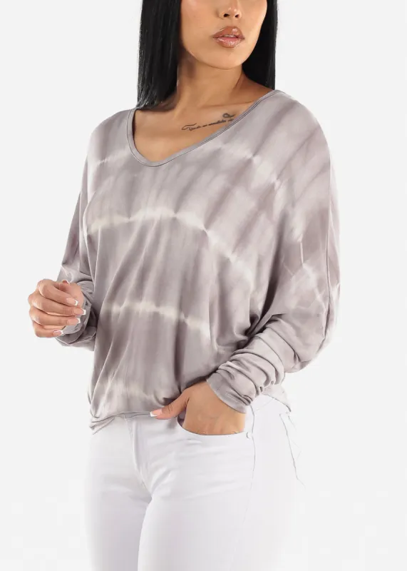 Long Dolman Sleeve VNeck Tie Dye Tunic Top Grey sold by Moda