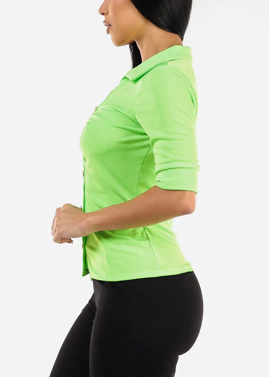 Quarter Sleeve Ruched Collared Blouse Neon Green sold by Moda product image thumbnail 3