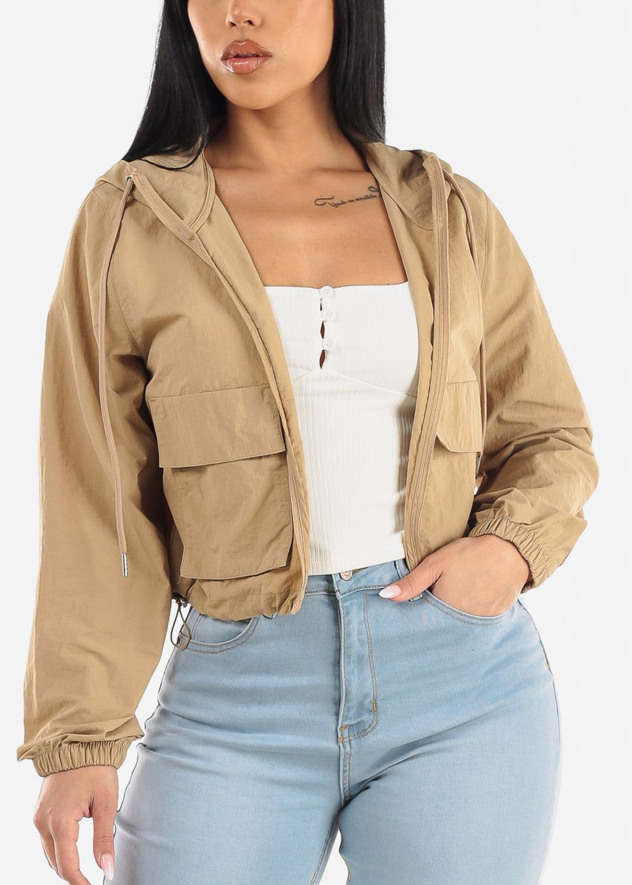 Long Sleeve Lightweight Zip Up Jacket Khaki w Front Pockets sold by Moda