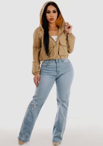 Long Sleeve Lightweight Zip Up Jacket Khaki w Front Pockets sold by Moda