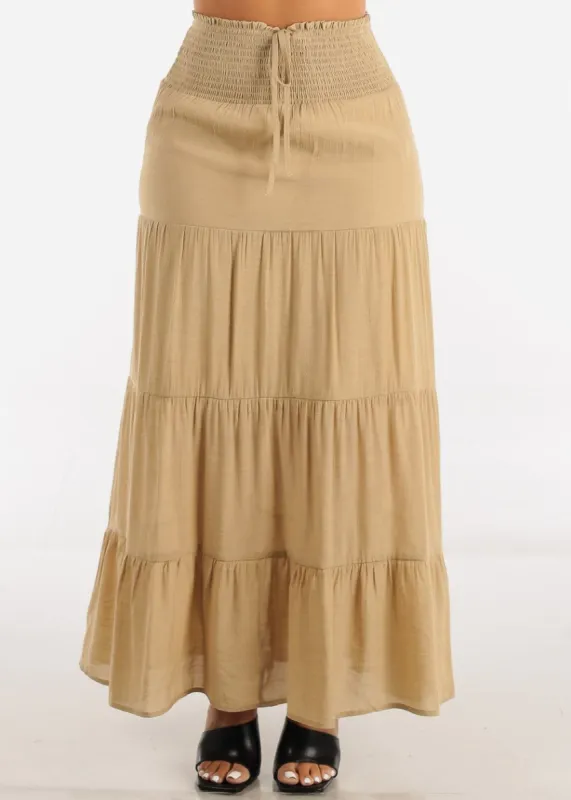 Khaki Smocked Waist Tiered Maxi Skirt sold by Moda