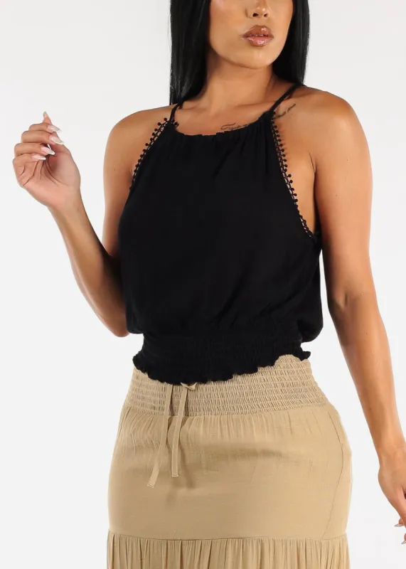 Black Smocked Hem Halter Strap Neck Crop Top sold by Moda