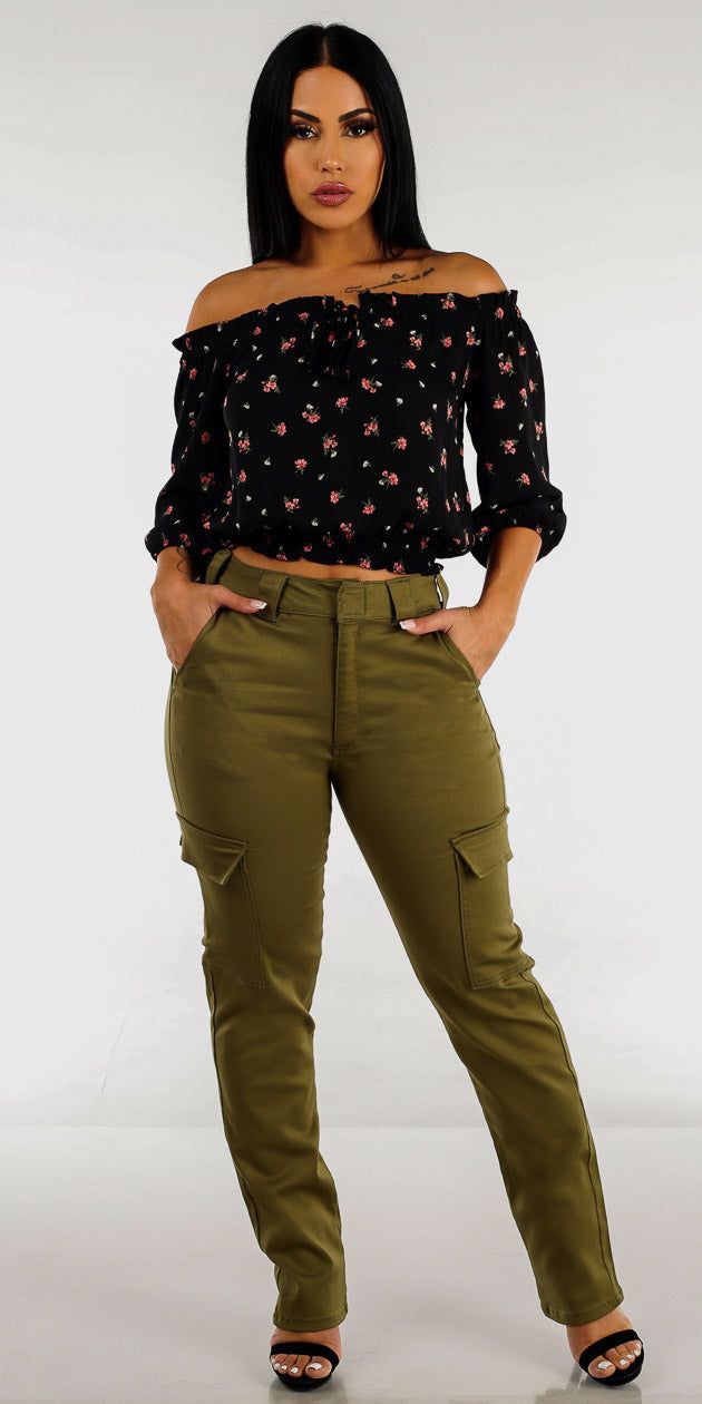 Straight Olive Cargo Pants with Black Off Shoulder Smocked Floral Top sold by Moda